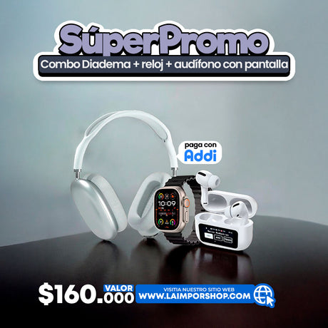 COMBO DIADEMA + AUDIFONOS CON PANTALLA + RELOJ